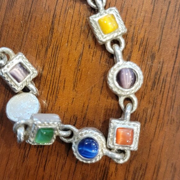 Retro Boho Multicolor Cats Eye Gemstone Bracelet w Silver Setting - Picture 2 of 8